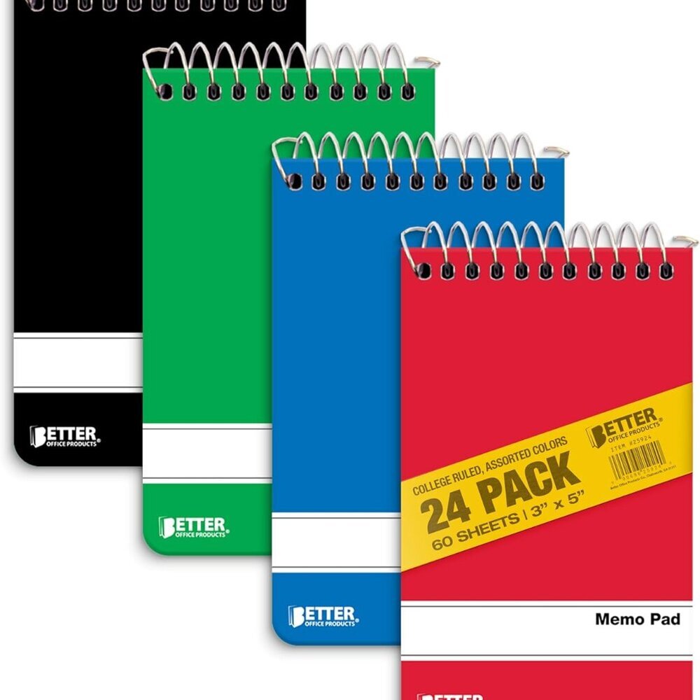 Spiral Memo Pads, 24 Pack, 3 x 5 inches, 60 Sheets, College Rule, by , Assorted